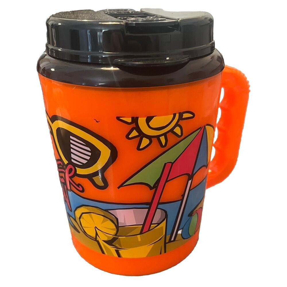 VTG Retro Betras Big Mug Thermos Water Bottle Summer Fun Neon Orange Beach 52 Oz